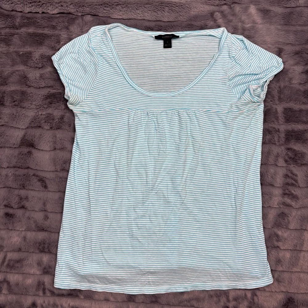 Express Womens Small Blue White Striped Scoop Neck Short Sleeve T-Shirt Tee 8749